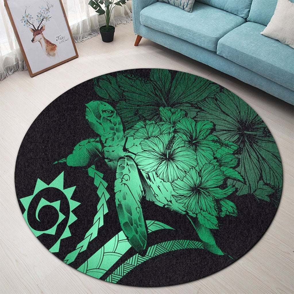 Hawaiian - Hawaii Turtle Hibiscus Polynesian Vintage Round Carpet - Green - AH - Polynesian Pride