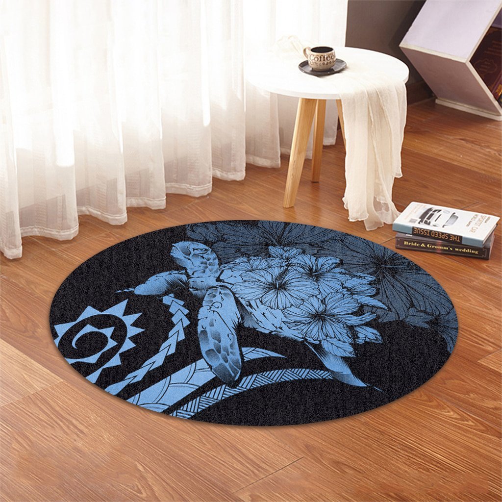Hawaiian - Hawaii Turtle Hibiscus Polynesian Vintage Round Carpet - Pastel Blue - AH - Polynesian Pride
