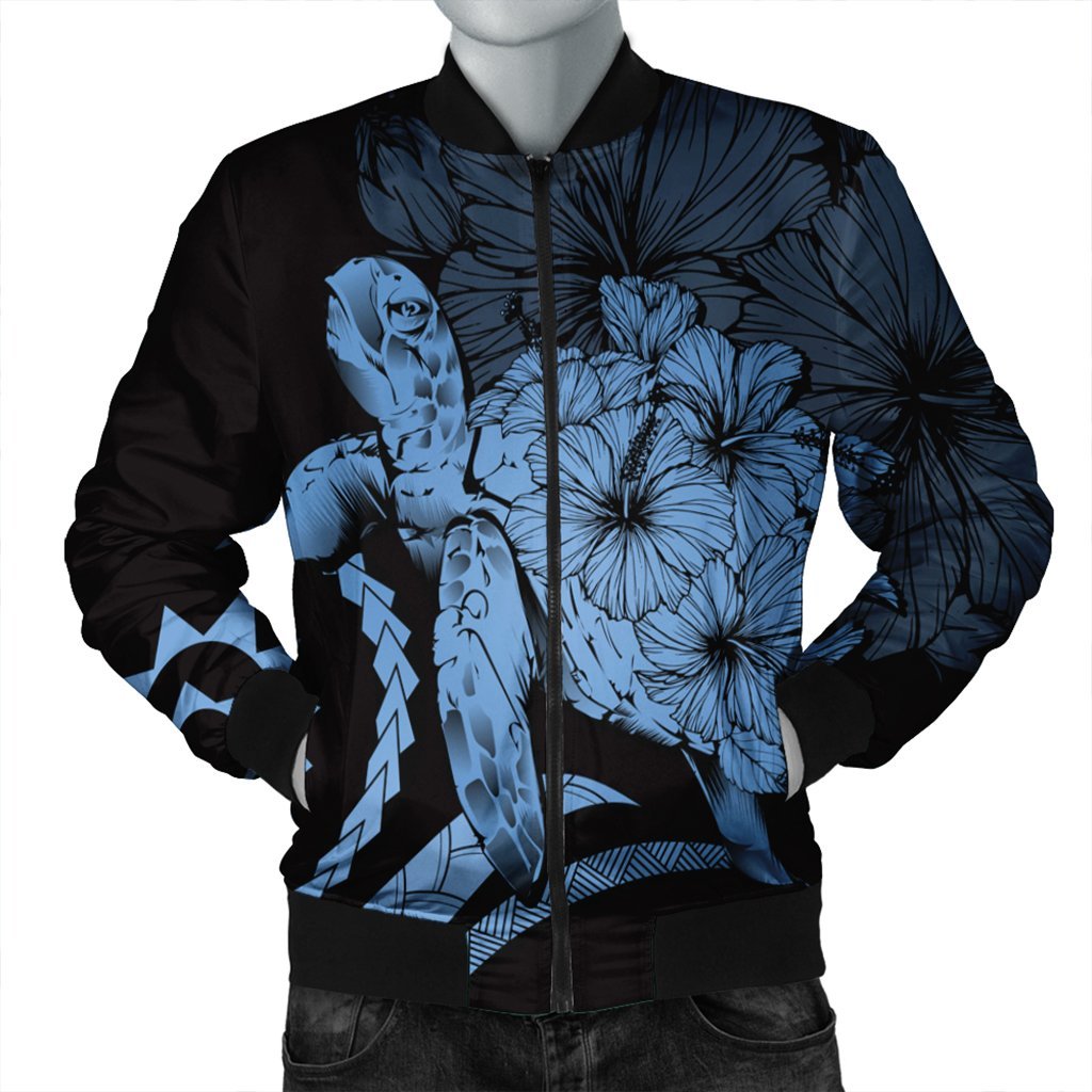 Hawaiian - Hawaii Turtle Hibiscus Polynesian Vintage Bomber Jacket - Pastel Blue - AH Black Unisex - Polynesian Pride