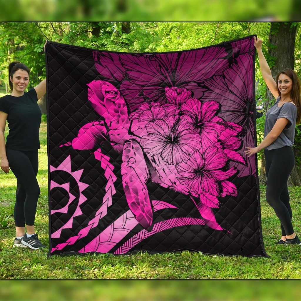 Hawaiian - Hawaii Turtle Hibiscus Polynesian Vintage Premium Quilts - Pink - AH Black - Polynesian Pride
