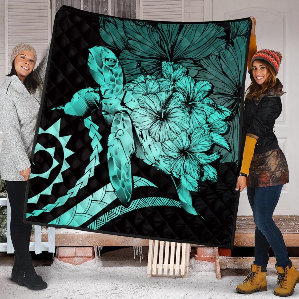 Hawaiian - Hawaii Turtle Hibiscus Polynesian Vintage Premium Quilts - Turquoise - AH - Polynesian Pride