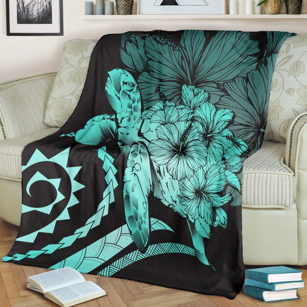 Hawaii Blanket - Hawaii Turtle Hibiscus Polynesian Vintage Premium Blankets - Turquoise - AH - Polynesian Pride