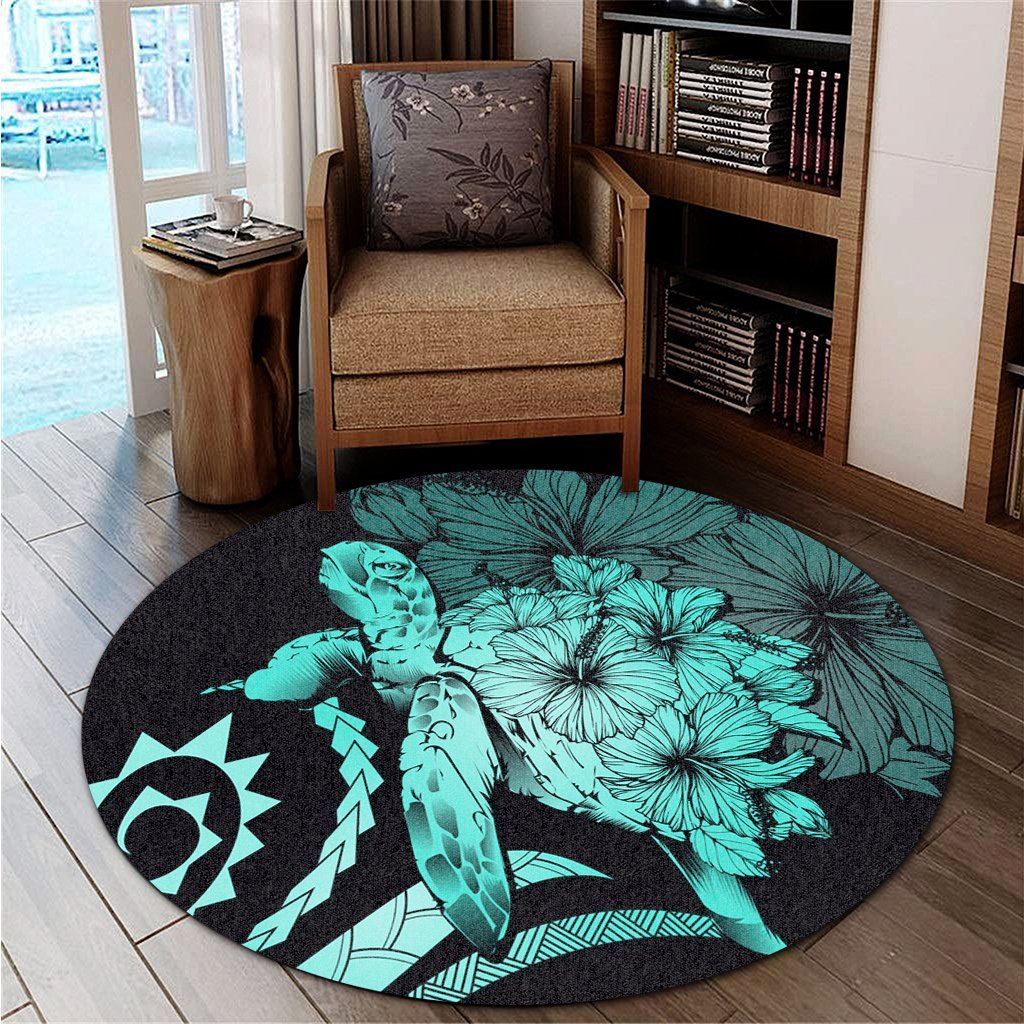 Hawaiian - Hawaii Turtle Hibiscus Polynesian Vintage Round Carpet - Turquoise - AH - Polynesian Pride