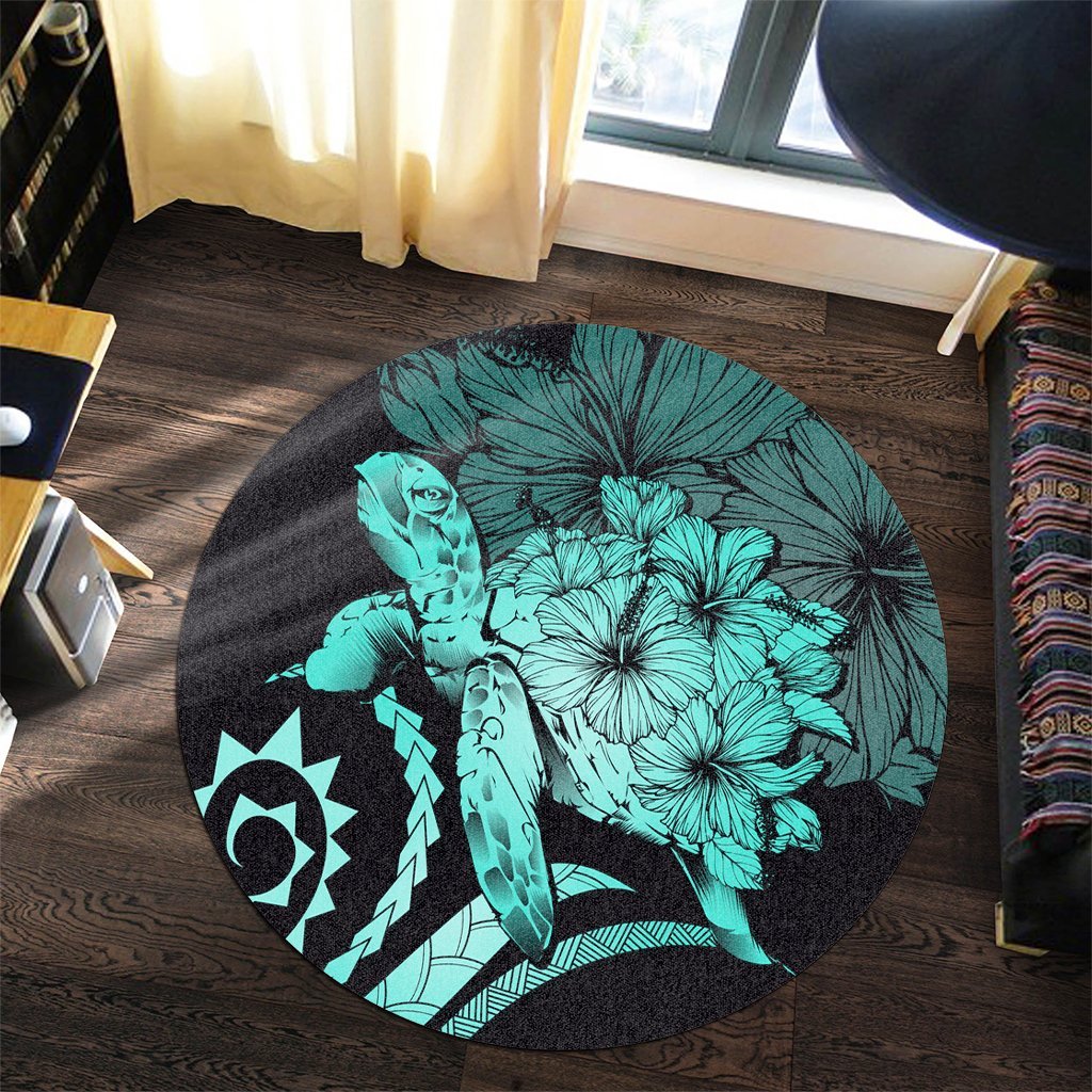 Hawaiian - Hawaii Turtle Hibiscus Polynesian Vintage Round Carpet - Turquoise - AH - Polynesian Pride