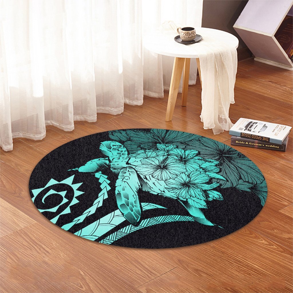 Hawaiian - Hawaii Turtle Hibiscus Polynesian Vintage Round Carpet - Turquoise - AH - Polynesian Pride
