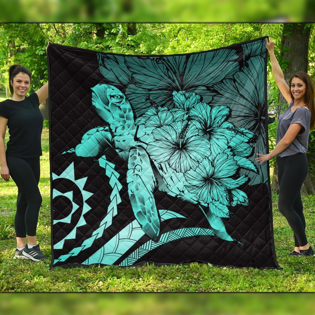 Hawaiian - Hawaii Turtle Hibiscus Polynesian Vintage Premium Quilts - Turquoise - AH Black - Polynesian Pride