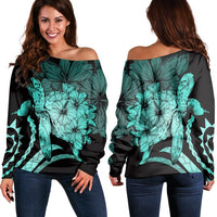 Hawaiian - Hawaii Turtle Hibiscus Polynesian Vintage Women's Off Shoulder Sweater - Turquoise - AH Black - Polynesian Pride