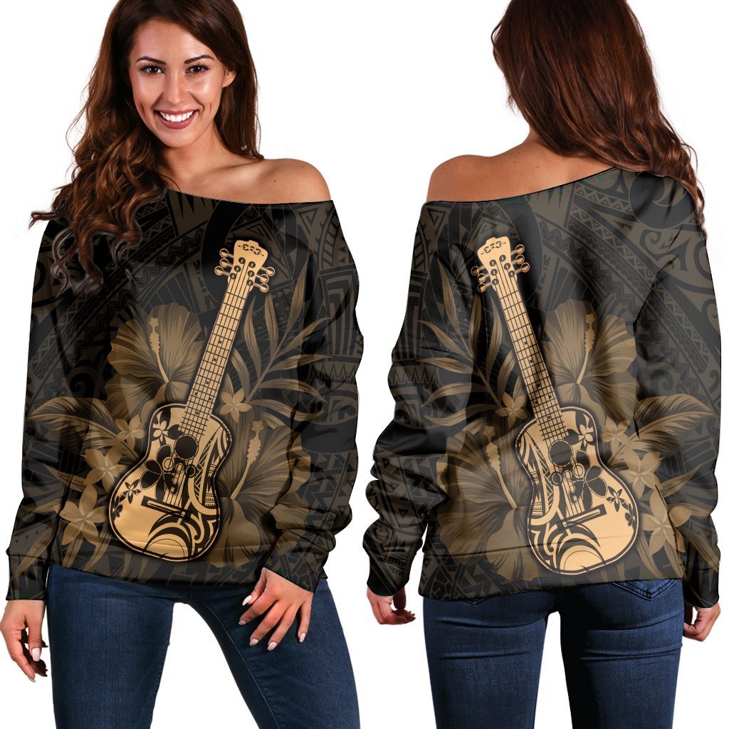 Hawaiian - Hawaii Ukulele Flower Women's Off Shoulder Sweater - Gold - AH Black - Polynesian Pride