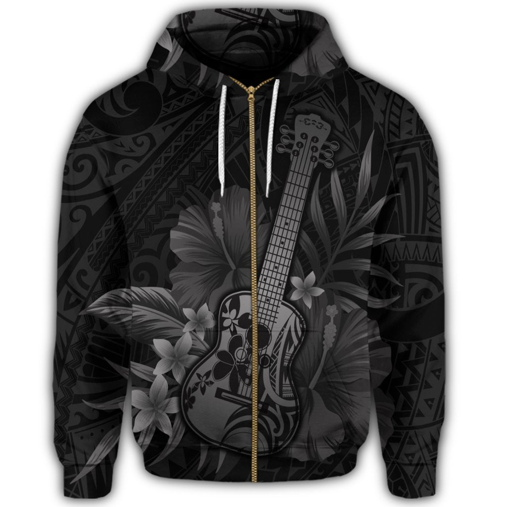 Hawaiian Hawaii Ukulele Flower Zip Hoodie Gray - Polynesian Pride