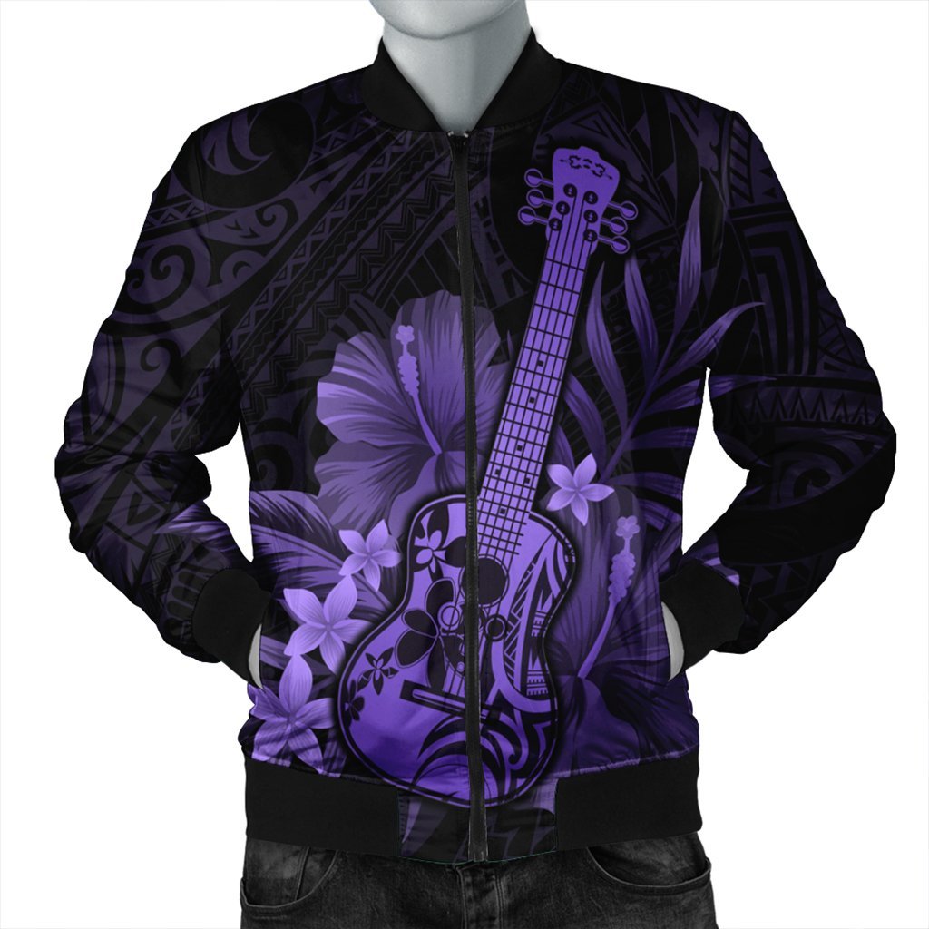 Hawaiian - Hawaii Ukulele Flower Bomber Jacket - Purple - AH Black Unisex - Polynesian Pride