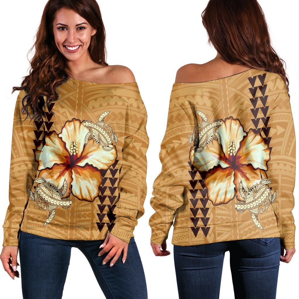 Hawaiian Vintage Hibiscus Women's Off Shoulder Sweater AH Black - Polynesian Pride