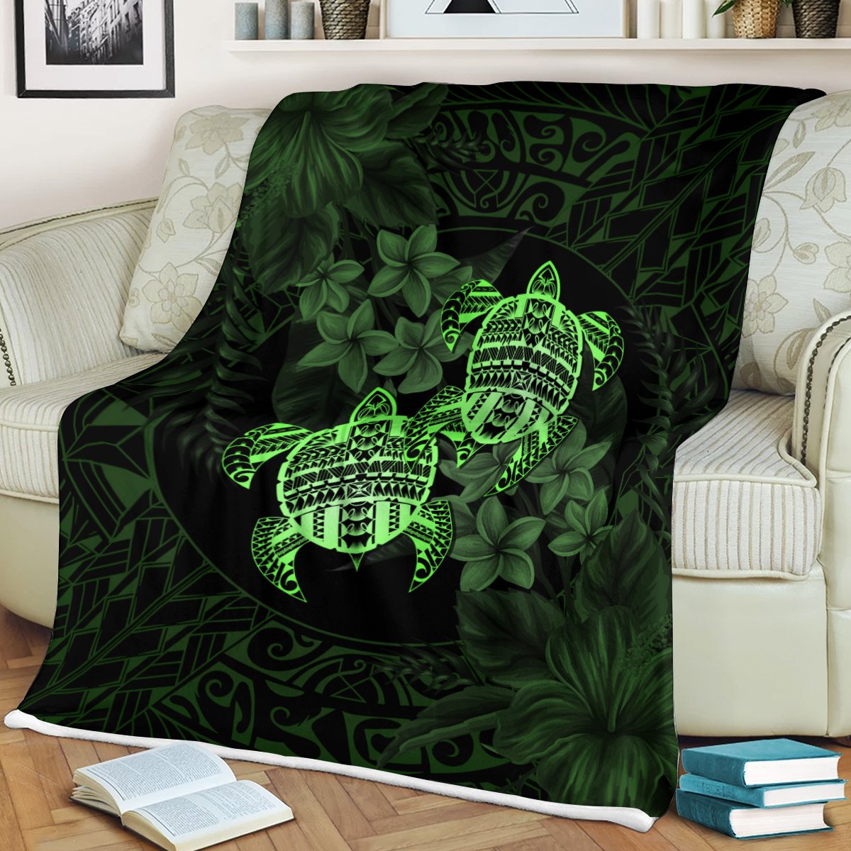 Hawaii Premium Blanket - Turtle Strong Pattern Hibiscus Plumeria Green AH White - Polynesian Pride