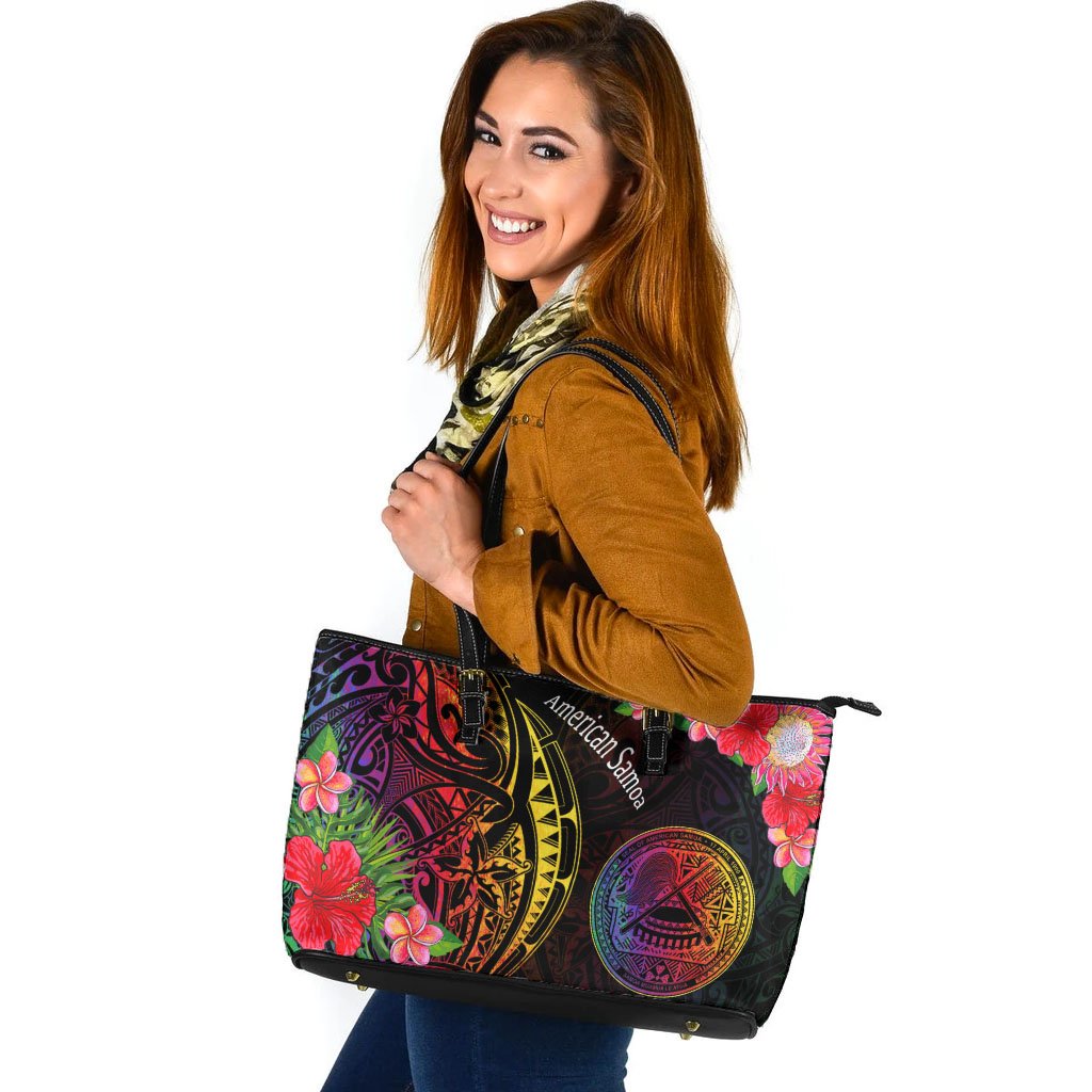 American Samoa Leather Tote - Tropical Hippie Style Black - Polynesian Pride