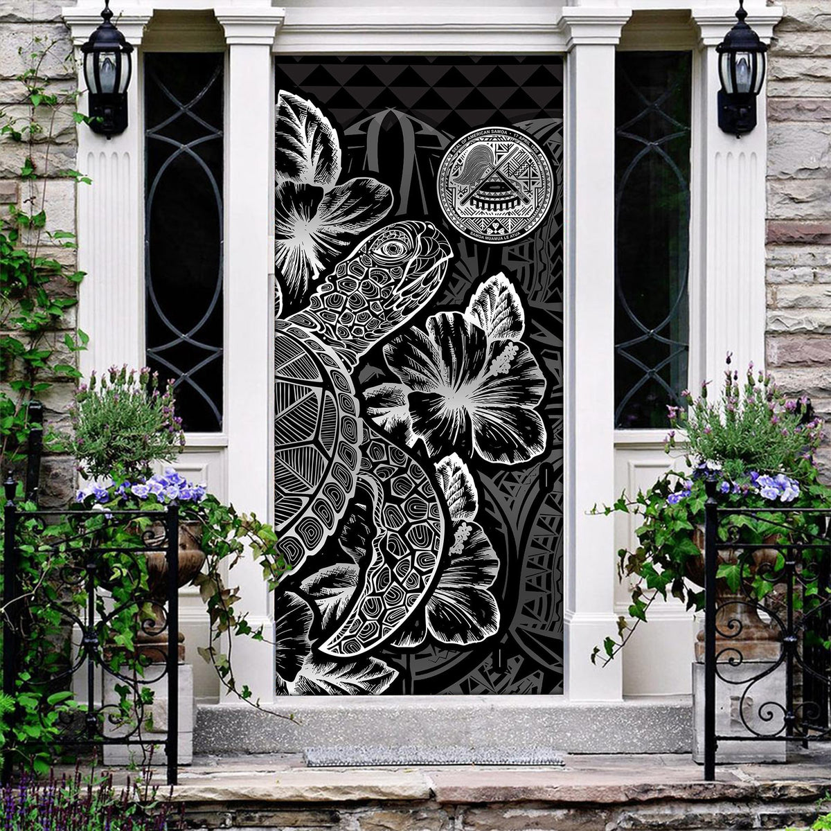 American Samoa Door Cover Turtle Hibiscus Black Black - Polynesian Pride