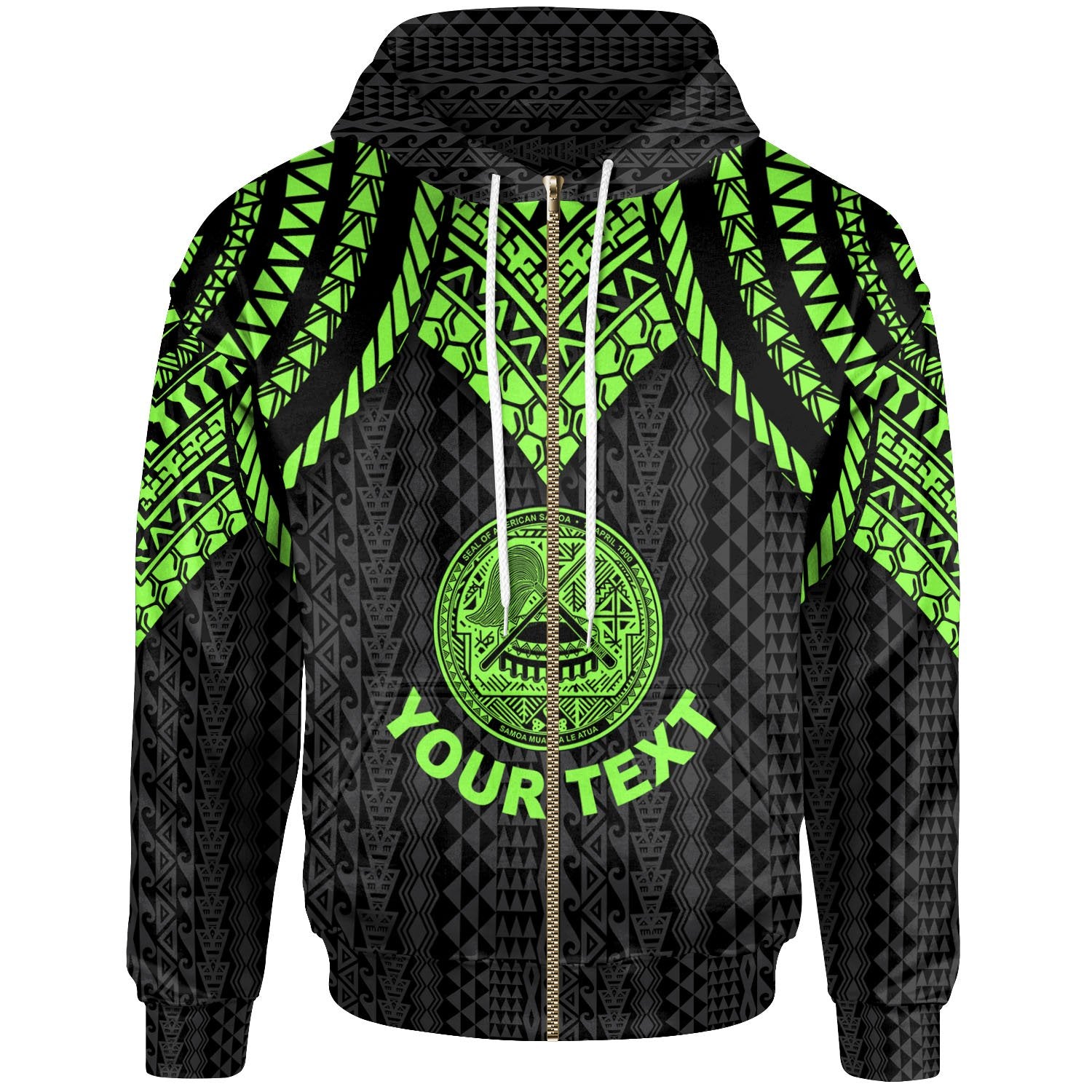 American Samoa Custom Zip up Hoodie Polynesian Armor Style Green Unisex Green - Polynesian Pride