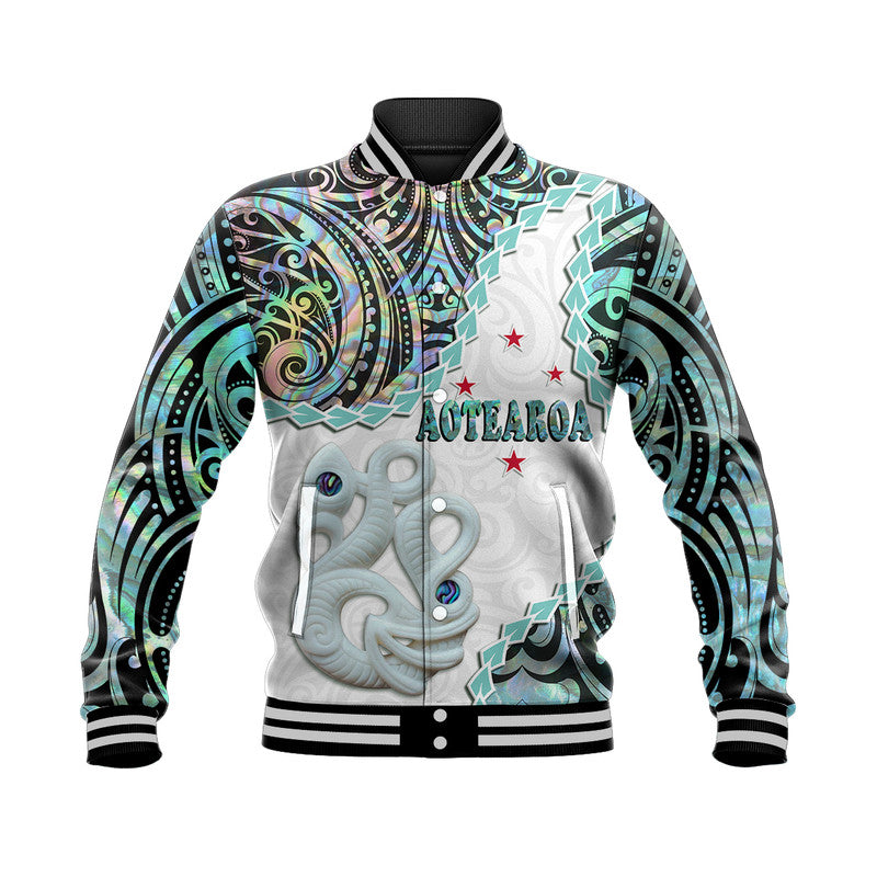 New Zealand Maori Baseball Jacket Aotearoa Manaia Basic Paua Shell - Heare Ra LT9 Unisex White - Polynesian Pride