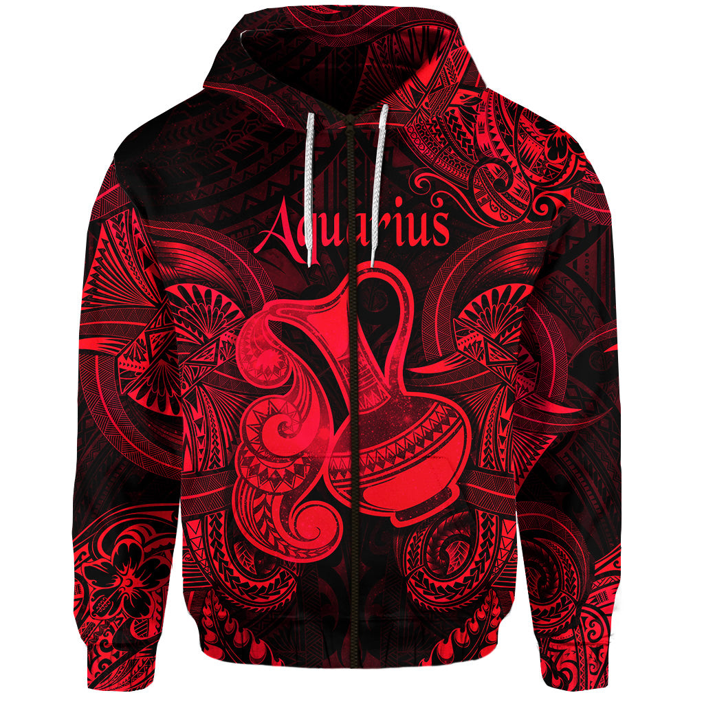 Custom Aquarius Zodiac Polynesian Zip Hoodie Unique Style Red LT8 - Polynesian Pride