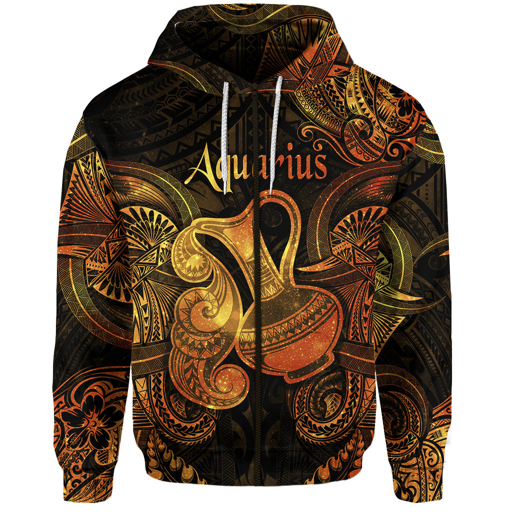 Aquarius Zodiac Polynesian Zip Hoodie Unique Style Gold LT8 - Polynesian Pride