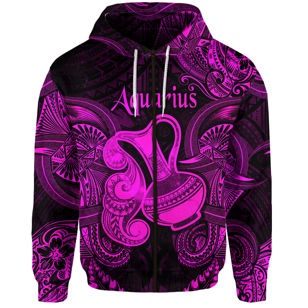 Aquarius Zodiac Polynesian Zip Hoodie Unique Style Pink LT8 - Polynesian Pride