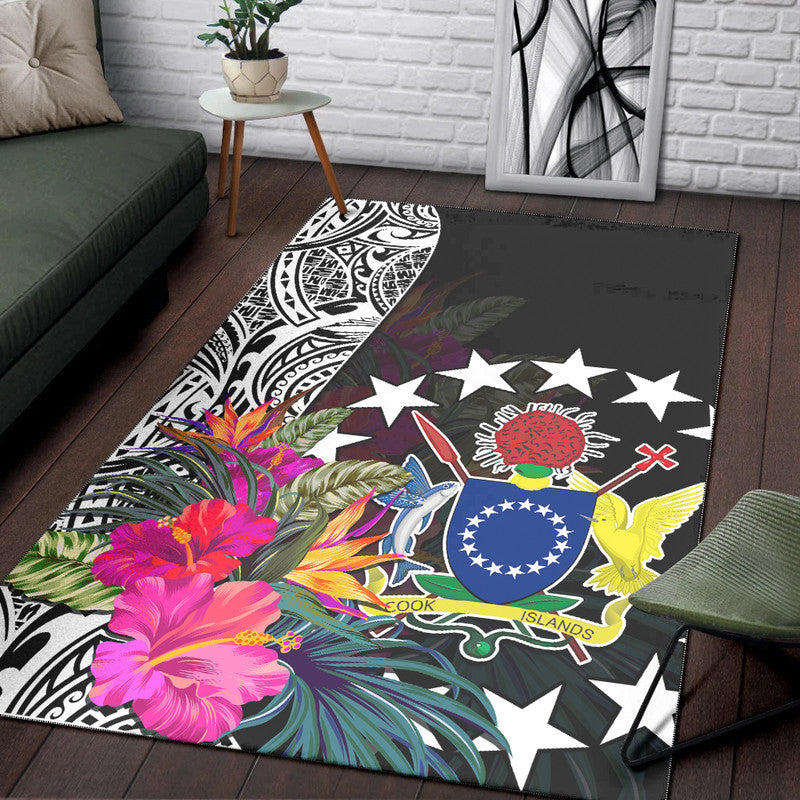 Cook Island Area Rug Tribal Polynesian and Tropical Flowers LT9 Green - Polynesian Pride