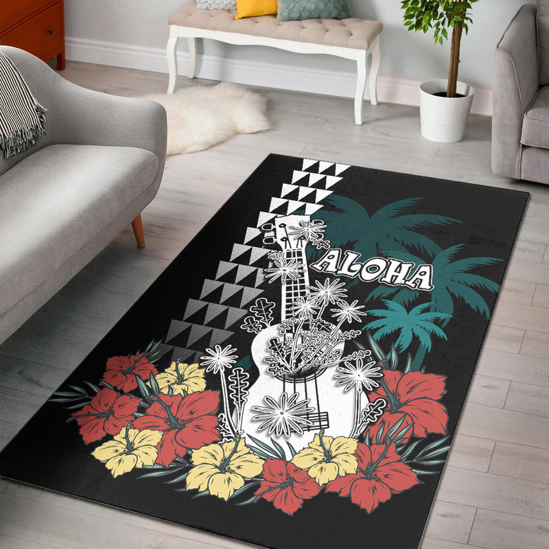 Hawaii Ukulele Mix Hibiscus and Coconut Tree Area Rug Aloha Vintage Black Version LT9 Black - Polynesian Pride