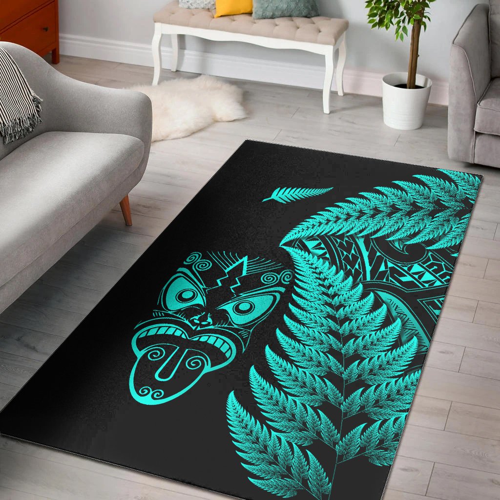 New Zealand Haka Rugby Maori Area Rug Silver Fern Vibes - Turquoise LT8 - Polynesian Pride