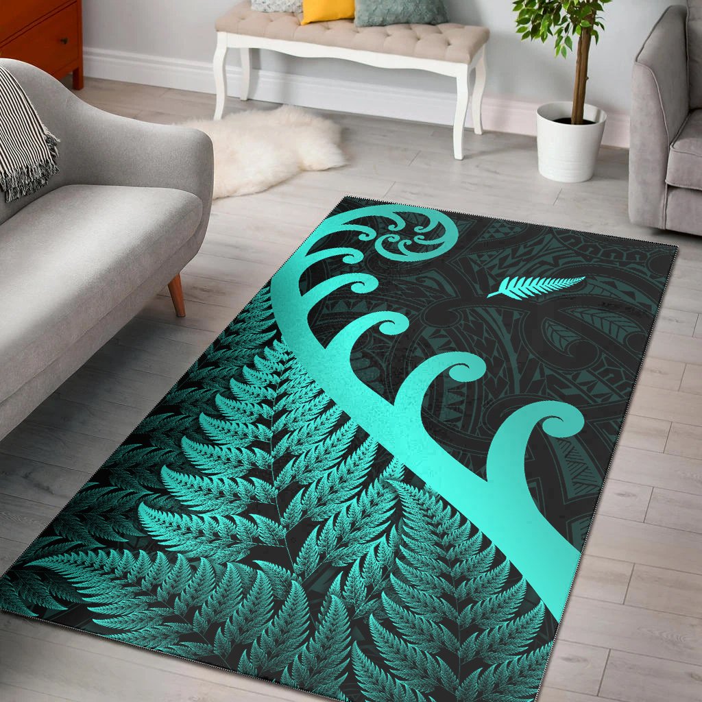 New Zealand Rugby Maori Area Rug Silver Fern Koru Vibes - Turquoise LT8 - Polynesian Pride