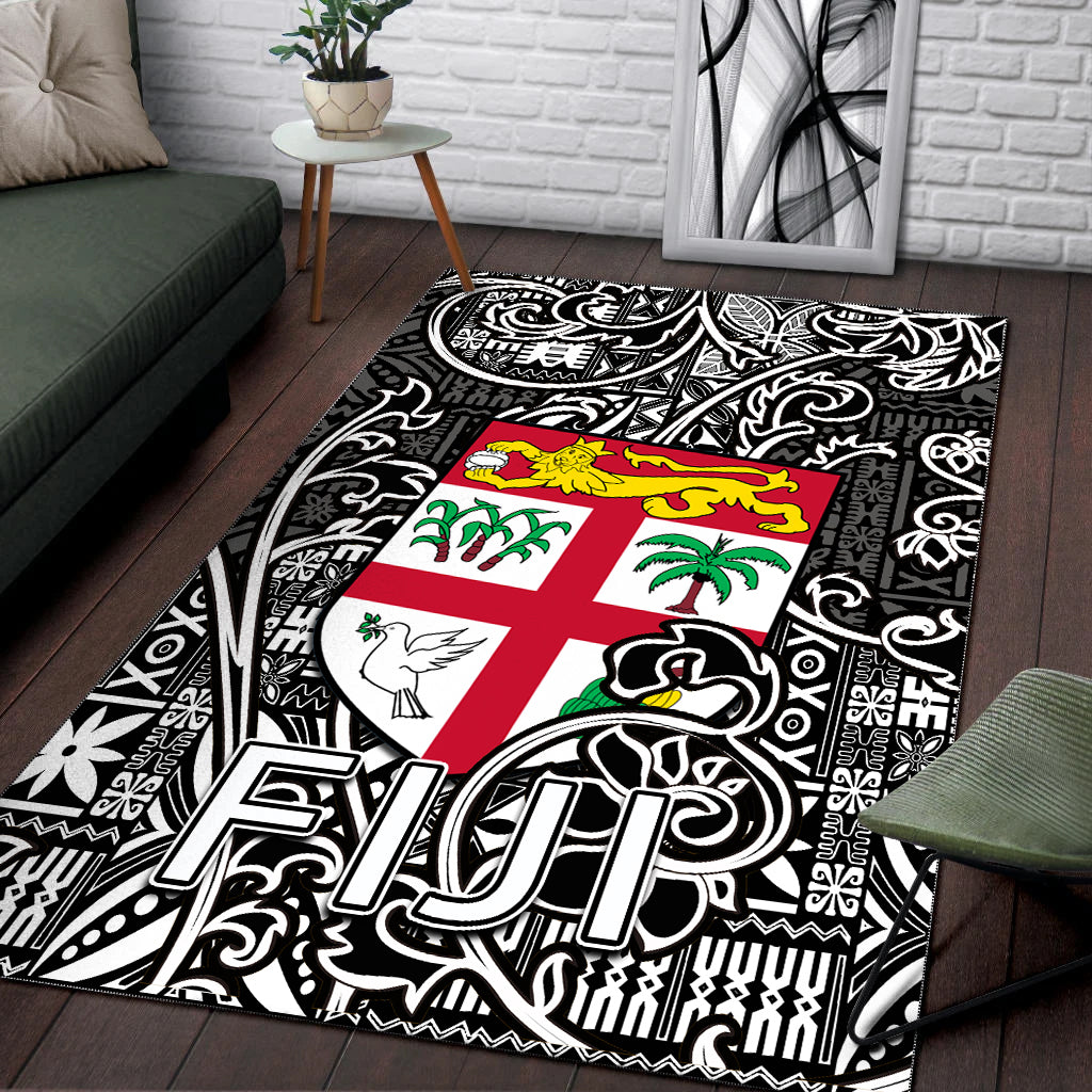 Fiji Area Rug Tapa Patterns White And Black Style LT6 - Polynesian Pride