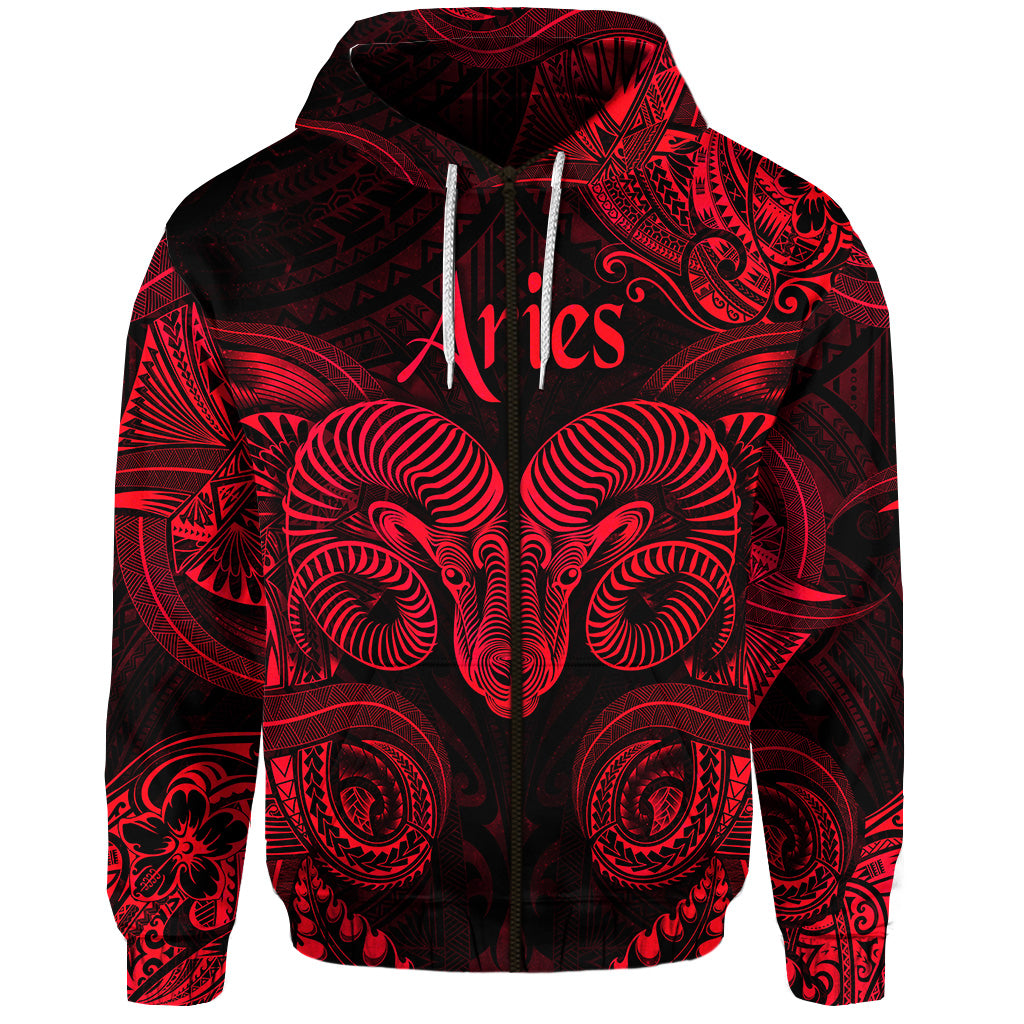 Custom Aries Zodiac Polynesian Zip Hoodie Unique Style Red LT8 - Polynesian Pride