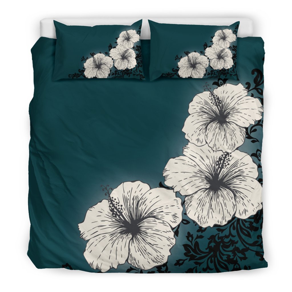 Hawaii Duvet Cover Set - Hibiscus Glowing In Deep Sea Green - Polynesian Pride