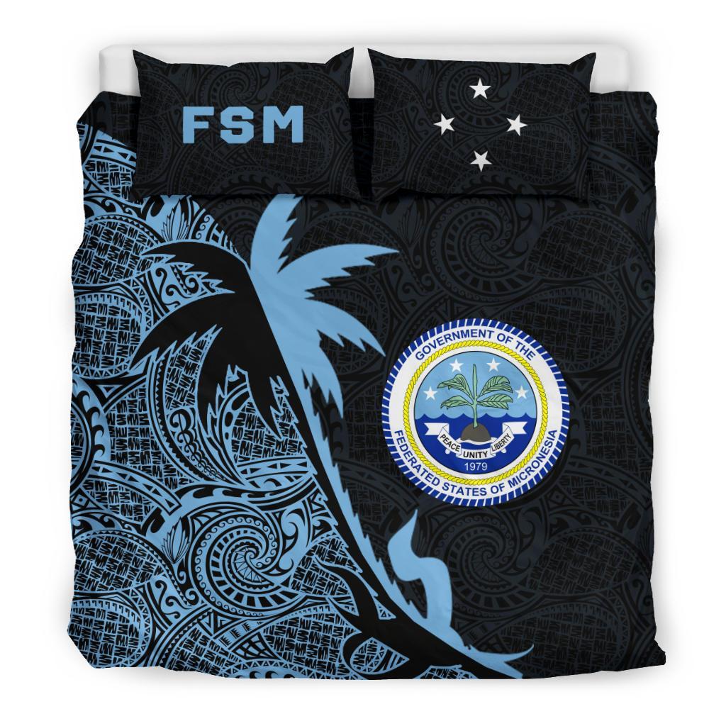 Federated States Of Micronesia Duvet Cover Set - Federated States Of Micronesia Coat Of Arms & Coconut Tree Black - Polynesian Pride