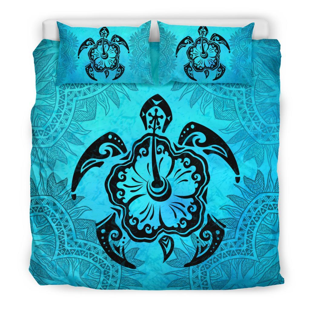 Hawaii Duvet Cover Set - Tribal Turtle Hibiscus Tattoo Turquoise A0 Art - Polynesian Pride