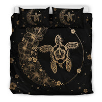 Hawaiian Hibiscus Plumeria Turtle Black And Gold Bedding Set - Polynesian Pride