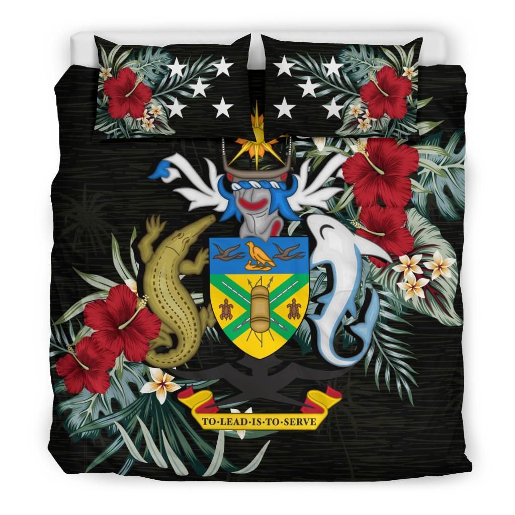 Solomon Islands Duvet Cover Set - Solomon Coat Of Arms Hibiscus Black - Polynesian Pride