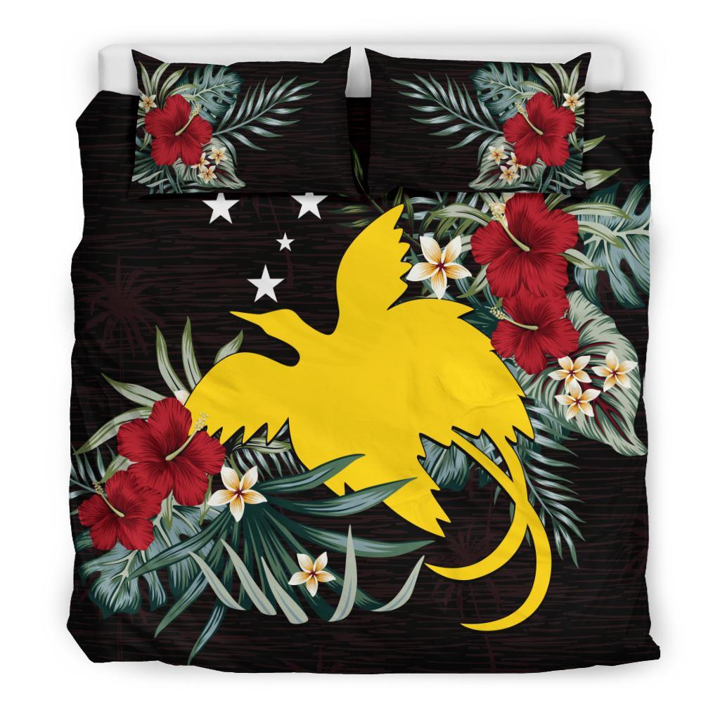 Papua New Guinea Duvet Cover Set - Papua New Guinea Flag Hibiscus Black - Polynesian Pride
