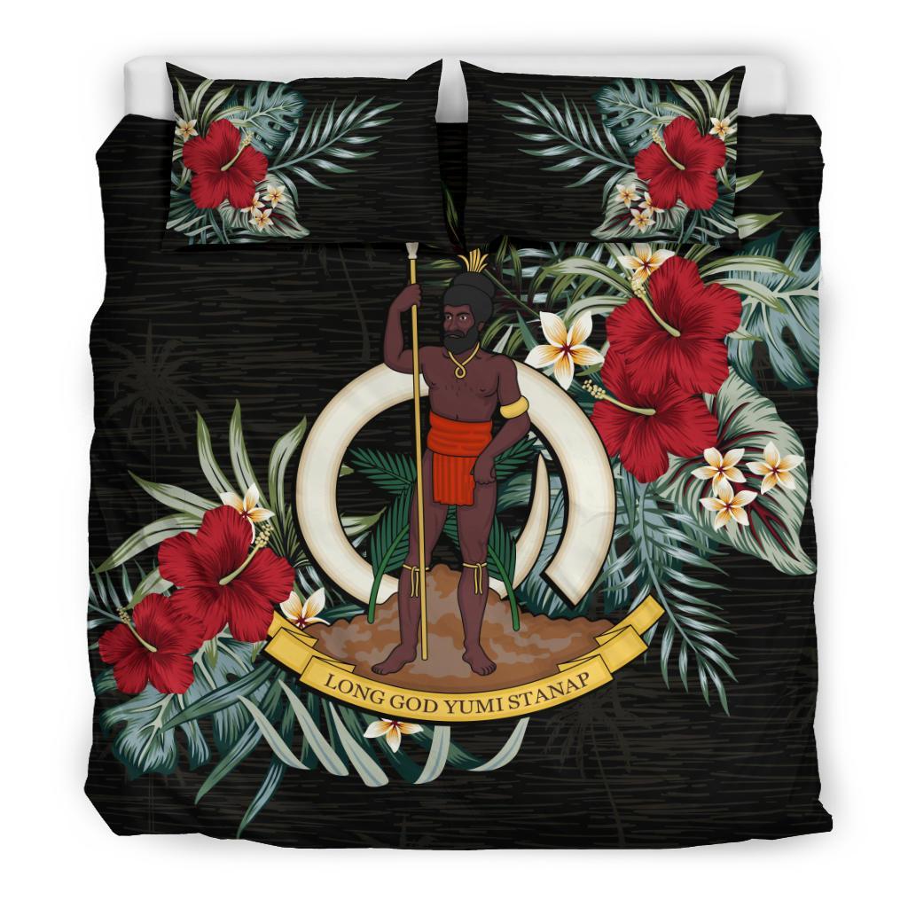 Vanuatu Duvet Cover Set - Vanuatu Coat Of Arms Hibiscus Black - Polynesian Pride
