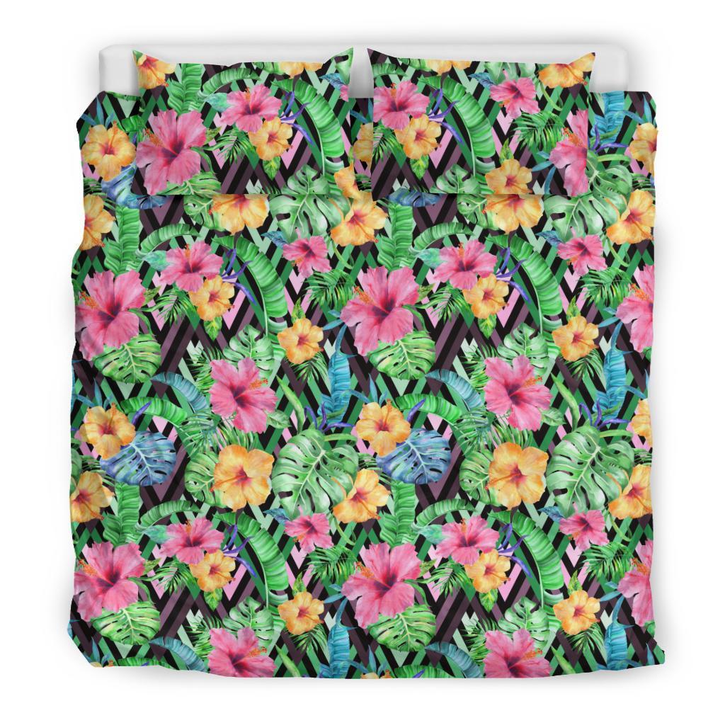 Hawaiian Tropical Hibiscus Monstera Banana Leaves Polynesian Bedding Set - Polynesian Pride