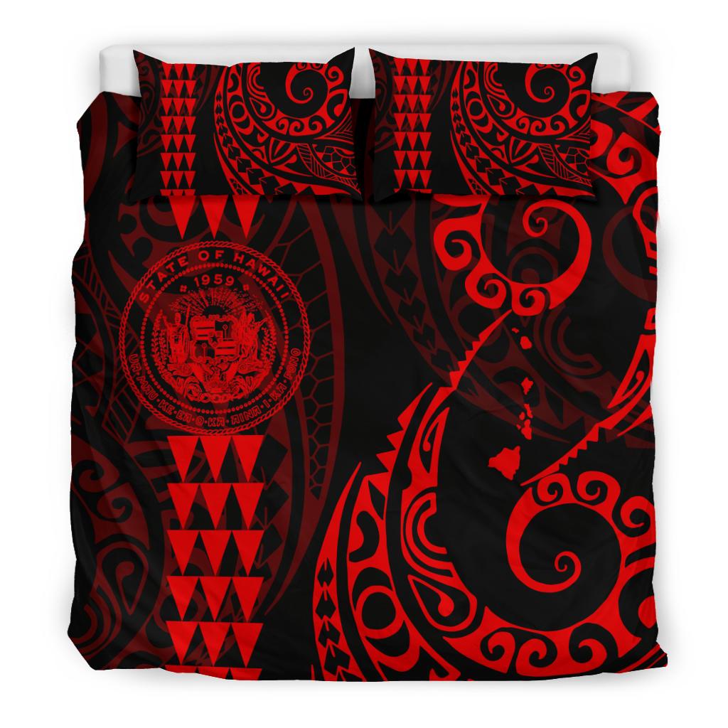 Hawaiian Map Coat Of Arms Flag Polynesian Bedding Set Red - Polynesian Pride