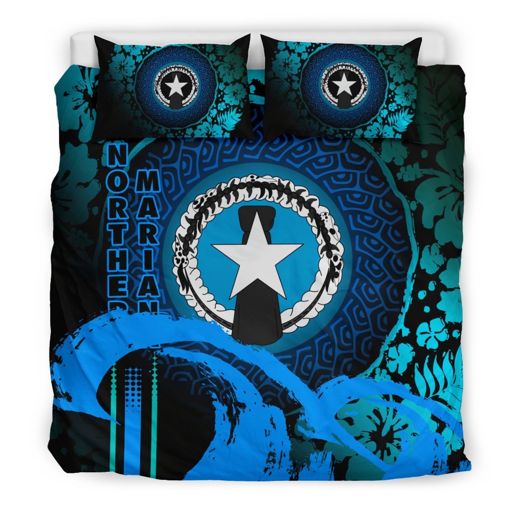 Northern Mariana Islands Duvet Cover Set - Hibiscus And Wave Navy Blue - Polynesian Pride