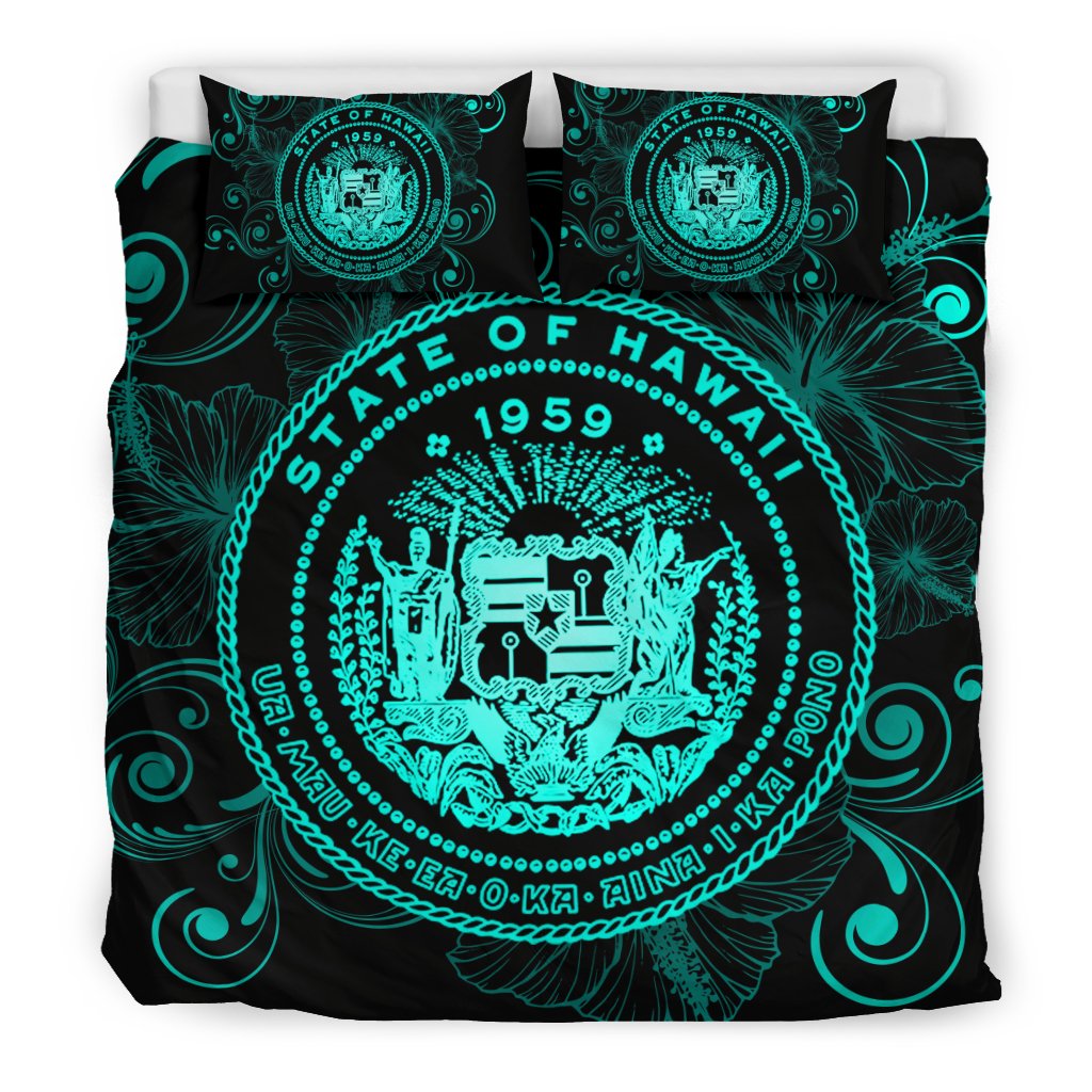 Hawaiian Hibiscus Flag Coat Of Arms Polynesian Bedding Set Turquoise - Royal Style - Polynesian Pride
