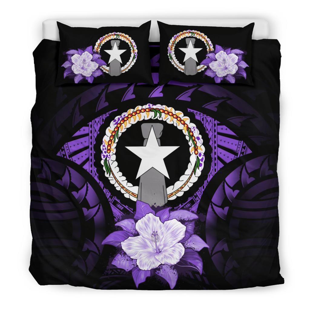 Northern Mariana Islands Duvet Cover Set - Northern Mariana Islands Flag & Purple Hibiscus Purple - Polynesian Pride