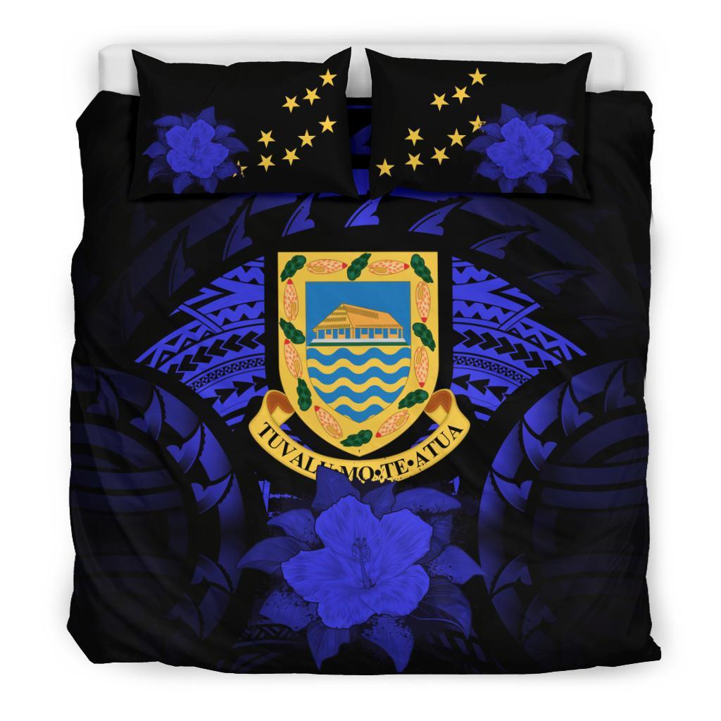 Tuvalu Duvet Cover Set - Tuvalu Coat Of Arms & Blue Hibiscus Blue - Polynesian Pride