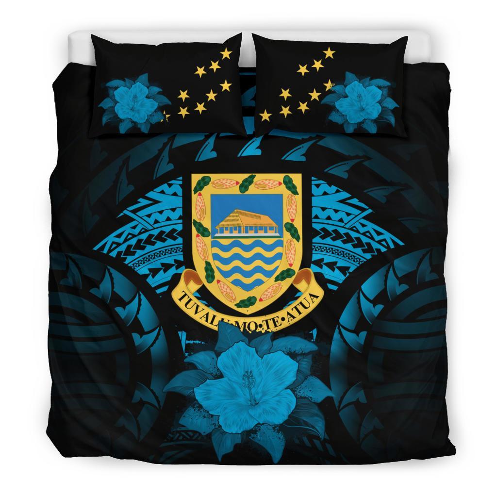 Tuvalu Duvet Cover Set - Tuvalu Coat Of Arms & Hibiscus Blue - Polynesian Pride