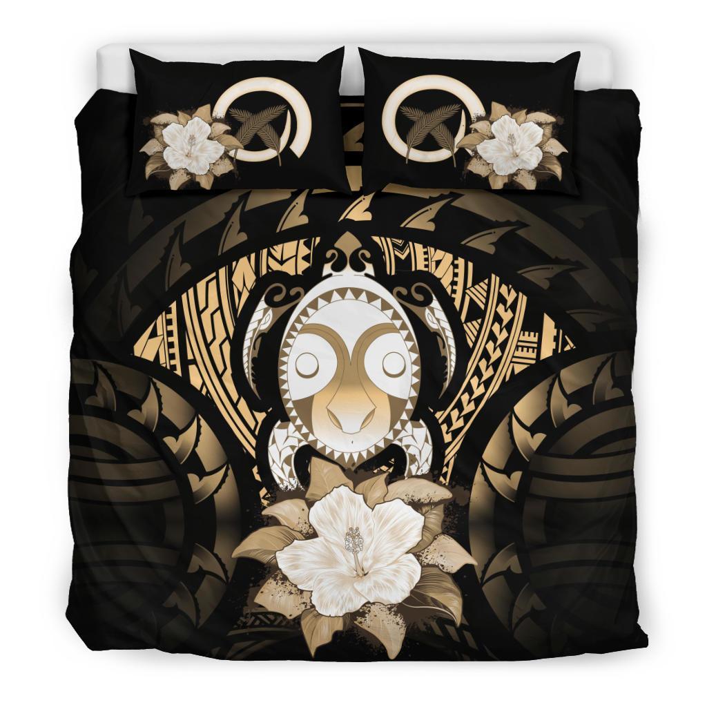 Vanuatu Duvet Cover Set - Turtle Tiki Face & Gold Hibiscus Gold - Polynesian Pride