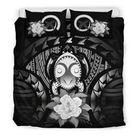Vanuatu Duvet Cover Set - Turtle Tiki Face & Gray Hibiscus Gray - Polynesian Pride