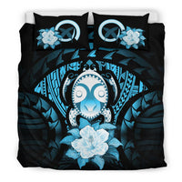 Vanuatu Duvet Cover Set - Turtle Tiki Face &Turquoise Hibiscus Art - Polynesian Pride