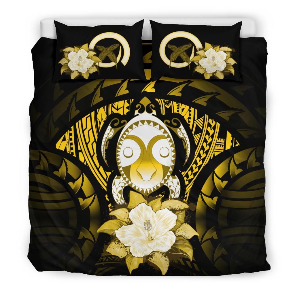 Vanuatu Duvet Cover Set - Turtle Tiki Face & Yellow Hibiscus Yellow - Polynesian Pride