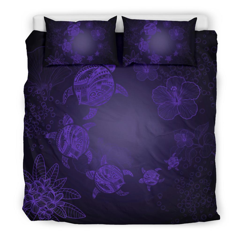 Hawaiian Plumeria Hibiscus Turtle Under Sea Polynesian Bedding Set Purple - Polynesian Pride