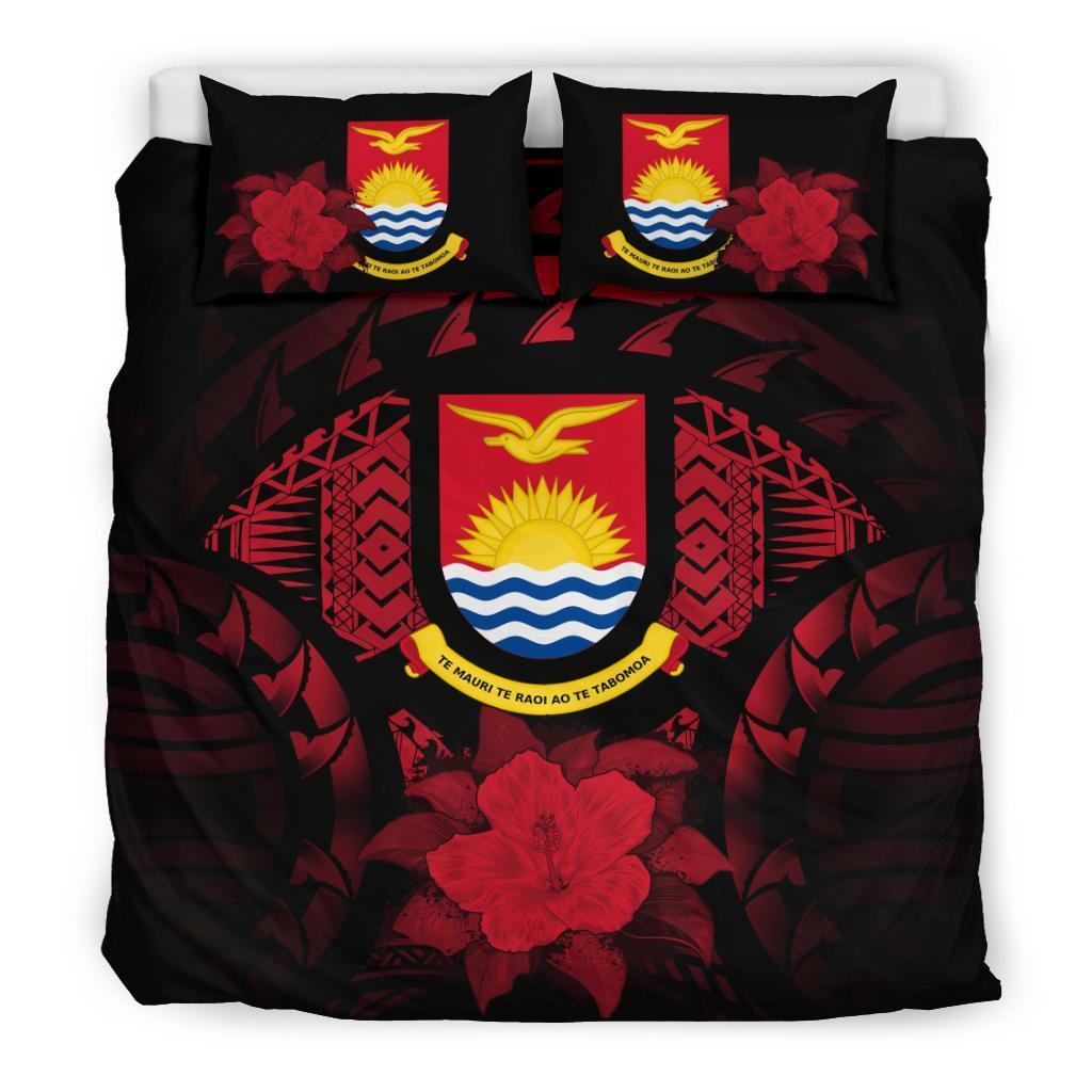 Kiribati Duvet Cover Set - Kiribati Coat Of Arms & Red Hibiscus Red - Polynesian Pride