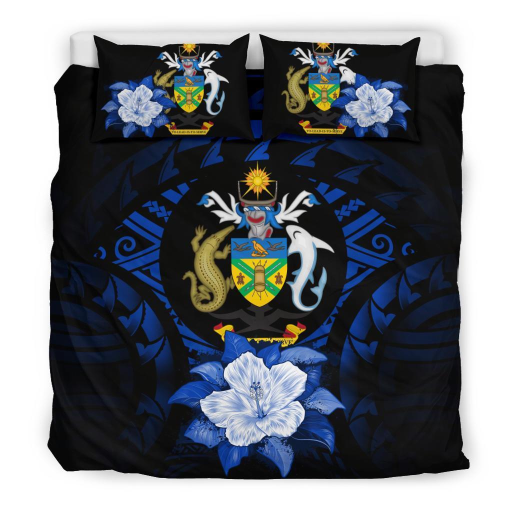 Solomon Island Duvet Cover Set - Solomon Island Coat Of Arms & Dark Blue Hibiscus Blue - Polynesian Pride